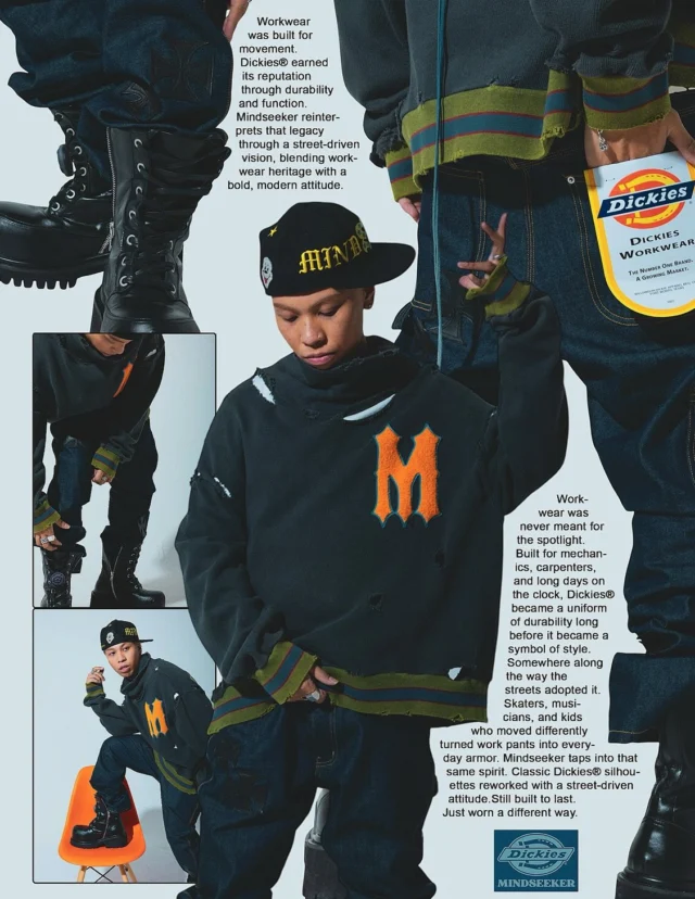 ⁡MINDSEEKER×Dickies® 
in store:03/28 (Sat) 12.00 JST
⁡
老舗ワークウェアブランド Dickies®（ディツキーズ）とのコラボレーションアイテムを3月28日（土） 12:00より発売いたします。

本コラボレーションは、優れた耐久性を備えつつ、無骨でタフなワークウェアならではの質感を落とし込んだカーペンターパンツとなっております。
シルエットは緩やかなフレア型で、ディテール面ではアイアンクロスのレザーパッチをアクセントに、左右のスケールポケットやハンマーループなど実用性の高いワークディテールを搭載し、トレンド感とブランドらしさを両立した一本となっております。
⁡
Model @dalu___oda @0sami_ 
Styling by @dalu___oda 
Photo by @miyanica
⁡
⁡

#dickies #dickiesjapan #mindseeker80s