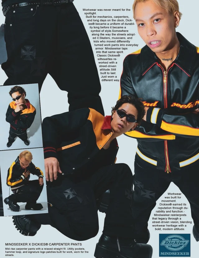 ⁡MINDSEEKER×Dickies® 
in store:03/28 (Sat) 12.00 JST
⁡
老舗ワークウェアブランド Dickies®（ディツキーズ）とのコラボレーションアイテムを3月28日（土） 12:00より発売いたします。

本コラボレーションは、優れた耐久性を備えつつ、無骨でタフなワークウェアならではの質感を落とし込んだカーペンターパンツとなっております。
シルエットは緩やかなフレア型で、ディテール面ではアイアンクロスのレザーパッチをアクセントに、左右のスケールポケットやハンマーループなど実用性の高いワークディテールを搭載し、トレンド感とブランドらしさを両立した一本となっております。
⁡
Model @dalu___oda @0sami_ 
Styling by @dalu___oda 
Photo by @miyanica 
⁡
⁡

#dickies #dickiesjapan #mindseeker80s